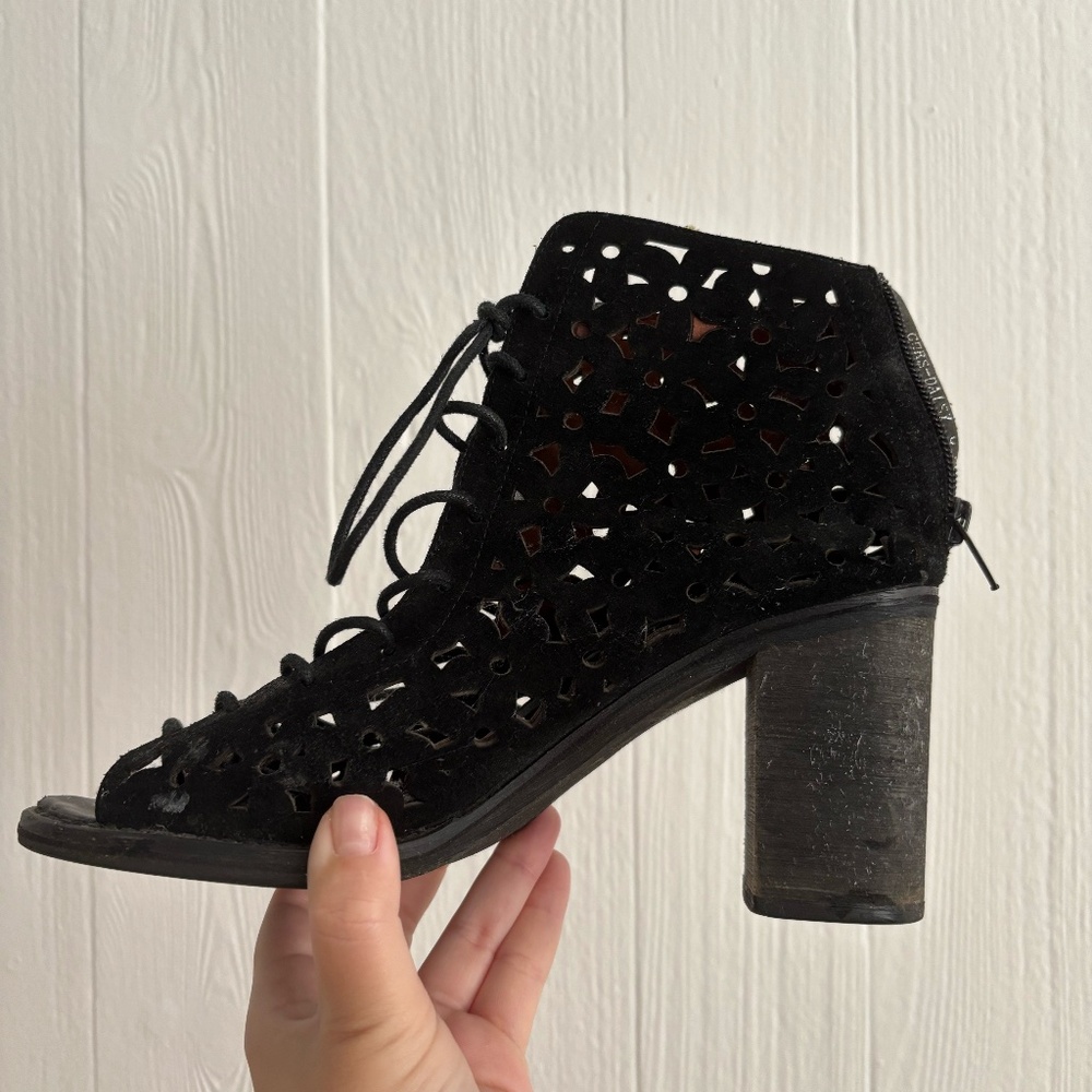 Jeffrey Campbell Black Suede Leather Block Heel Lace-up Pattern Bootie
